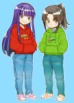  2girls aged_down aoba_(smartbeat) black_hair blue_eyes blue_pants breasts buster_shirt child denim drawstring fate/grand_order fate_(series) full_body green_sweater hands_in_pockets hood hooded_sweater jeans long_hair long_sleeves looking_at_viewer martha_(fate) multiple_girls pants parted_bangs ponytail purple_hair quick_shirt red_sweater shoes sidelocks small_breasts smile sneakers sweater ushiwakamaru_(fate) 