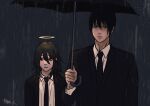  2boys angel_devil_(chainsaw_man) black_hair black_jacket black_necktie blue_eyes brown_hair chainsaw_man collared_shirt formal halo hayakawa_aki highres holding holding_umbrella jacket looking_to_the_side medium_hair multiple_boys necktie nenashibito rain shirt short_hair signature suit suit_jacket umbrella white_shirt 