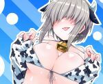  1girl animal_ears animal_print bare_shoulders bell bikini blue_background blush breasts commentary commission cow_ears cow_horns cow_print cowbell detached_sleeves front-tie_bikini_top front-tie_top grey_hair hair_over_eyes hands_up horns neck_bell shirogane_(cufsser) short_hair simple_background skeb_commission solo string_bikini swimsuit tongue tongue_out underboob upper_body uzaki-chan_wa_asobitai! uzaki_yanagi white_bikini 