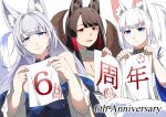  3girls akagi_(azur_lane) animal_ear_fluff animal_ears anniversary azur_lane bare_shoulders blue_eyes blue_kimono blunt_bangs brown_hair fox_ears fox_girl fox_tail hands_up holding holding_paper japanese_clothes kaga_(azur_lane) kimono kitsune long_hair long_sleeves looking_at_viewer manjuu_(azur_lane) multiple_girls mutsuki_(azur_lane) mutsuki_face paper red_eyeliner red_eyes shimakaze_(azur_lane) shinano_(azur_lane) simple_background smile steed_(steed_enterprise) tail white_background white_hair wide_sleeves 