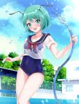  1girl absurdres alternate_costume antennae black_one-piece_swimsuit black_sailor_collar blue_sky blush cloud commentary_request green_eyes green_hair highres holding holding_hose hose muki_(munikichan) one-piece_swimsuit open_mouth outdoors sailor_collar shirt short_sleeves sky solo swimsuit touhou water white_shirt wriggle_nightbug 
