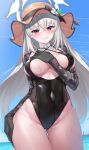  1girl absurdres ass_visible_through_thighs black_one-piece_swimsuit blue_archive blush breasts casual_one-piece_swimsuit clenched_teeth covered_navel cowboy_shot detached_collar flower furrowed_brow grey_hair groin halo hand_on_own_chest hat hat_flower highres horizon large_breasts long_hair looking_at_viewer one-piece_swimsuit open_mouth outdoors pizza_(pizzania_company) purple_eyes sakurako_(blue_archive) shrug_(clothing) solo standing sun_hat swimsuit teeth water wet 
