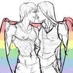  2boys absurdres closed_eyes clothes_lift flag highres hisoka_morow holding holding_flag hunter_x_hunter hxhanjo illumi_zoldyck lgbt_pride long_hair multiple_boys nipple_piercing nipples partially_colored piercing rainbow_flag shirt_lift short_hair simple_background tongue tongue_out yaoi 