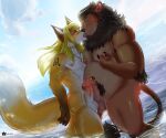  anthro beach big_penis black_hair blonde_hair blue_eyes canid canine cloudscape duo erection eye_contact eyewear felid fox french_kissing frottage fur genitals glasses green_eyes hair hi_res japanese_text jcfox kissing kmartist kodiak_(kodiak079) lion long_hair looking_at_another male male/male mammal musclegut muscular nipple_fetish nipple_pinch nipple_play pantherine passionate_kiss pendant penis penis_rubbing pinch pubes seaside sex sky standing tan_body tan_fur tattoo text vein veiny_penis 
