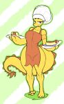  anthro apron apron_only arm_tattoo ather_os barefoot chef_hat clothing cooking_with_tracy feet female food hat headgear headwear hi_res hot_dog looking_at_viewer mostly_nude plate reptile scalie solo tattoo thick_thighs tracy_(cwt) wide_hips yellow_body 