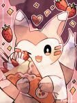  :d animal_focus crepe food fruit furret hanabusaoekaki heart highres holding holding_food ice_cream_crepe no_humans one_eye_closed pink_background pokemon pokemon_(creature) smile solid_oval_eyes solo sparkle strawberry striped striped_background 