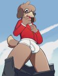  animal_crossing anthro bangs blazer bottomwear bottomwear_down briefs bulge canid canine canis clothed clothing dar-kuu digby_(animal_crossing) domestic_dog embarrassed hi_res male mammal nintendo pants pants_around_knees pants_down partially_clothed shirt solo solo_focus surprise surprised_expression topwear underwear 