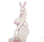  anthro biped blush boss_monster bovid brown_eyes bunny_costume butt caprine clothing costume eyelashes female fur goat hi_res holding_object mammal oanju side_view simple_background smile solo toriel undertale undertale_(series) white_background white_body white_fur 