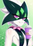  absurd_res anthro athletic bra clothing female furry generation_9_pokemon green_background green_bra green_clothing green_mask green_underwear grimace_birthday_shake hi_res meowscarada nintendo olivialovesfur pokemon pokemon_(species) purple_eyes simple_background slim smile smirk solo underwear white_body 