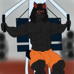  alexzandr_sokolov anthro big_biceps big_muscles big_pecs black_body black_fur black_hair bulge canid canine canis chest_press exercise fur hair hi_res male mammal markings muscular pecs red_eyes red_markings shadowstlkr solo weightlifting wolf workout 
