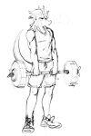  anthro bottomwear clothed clothing damien_(iwhtg) dilophosaurid dilophosaurus dinosaur exercise frill_(anatomy) hair i_wani_hug_that_gator male monochrome muscular muscular_male reptile scalie shorts simple_background sketch solo theropod unknown_artist weightlifting weights white_background workout 