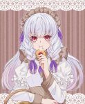  1girl apron braid commentary_request cookie dress fire_emblem fire_emblem:_three_houses fire_emblem_heroes food grey_apron hair_ribbon hand_up highres holding holding_cookie holding_food juliet_sleeves long_sleeves lysithea_von_ordelia maid maid_headdress official_alternate_costume puffy_sleeves purple_ribbon ribbon solo tankei_fm twin_braids upper_body white_dress white_hair 