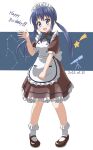  1girl 2023 absurdres alternate_costume apron birthday blue_eyes blue_hair blush bow constellation dated dot_nose eabo19tw english_text happy_birthday highres koisuru_asteroid long_hair looking_at_viewer maid maid_apron maid_headdress manaka_ao open_mouth shoes simple_background socks solo standing star_(symbol) telescope waving white_background 