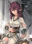  1girl ambience_synesthesia arknights arm_cutout bench breasts clothing_request collar commentary demon_girl demon_horns hair_tubes hand_on_own_stomach harp highres holding holding_instrument horns indoors instrument japanese_clothes kimono lava_(arknights) lava_the_purgatory_(arknights) leg_ribbon light_frown looking_at_viewer medium_breasts noshima obi pointy_ears purple_eyes purple_hair ribbon sash simple_background sitting solo thigh_ribbon white_background white_kimono white_ribbon 
