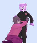  &lt;3 2023 abbytabby5 anthro bear biped bodily_fluids bottomwear clothing crying duo embrace eyes_closed hi_res hug humanoid_hands mammal padre_(unicorn_wars) pants pink_body sargento_caricias shirt tears topwear unicorn_wars 