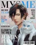  2020 ambiguous_gender anime_style barcode blue_eyes clothing cover domestic_cat duo ereyz felid feline felis feral fur hair human july_(month) jumin_han love magazine_cover male mammal mystic_messenger_(magazine) necktie pattern_clothing pattern_shirt pattern_topwear portrait shirt short_hair star striped_clothing striped_shirt striped_topwear stripes suit_jacket text tie_clip topwear twitter url white_body white_fur world 