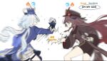  2girls :d black_headwear black_shirt black_shorts blue_hair blue_headwear blue_jacket blurry brown_hair commentary_request furina_(genshin_impact) genshin_impact hat highres hu_tao_(genshin_impact) hydro_symbol_(genshin_impact) jacket long_hair long_sleeves mini_hat mini_top_hat multicolored_hair multiple_girls open_mouth pyro_symbol_(genshin_impact) shirt shorts simple_background smile sp0i0ppp standing streaked_hair top_hat very_long_hair white_background white_hair 