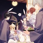  !? 1girl ? absurdres amamiya_ren animal_ears animal_on_shoulder black_hair blue_eyes blue_hair brown_hair closed_mouth crossed_legs dango facing_another fake_animal_ears food full_moon grey_eyes grey_hair hair_between_eyes hair_ornament hairpin hakama highres holding holding_tray japanese_clothes kimono looking_at_another moon mooncake narukami_yuu new_year night night_sky on_floor open_mouth persona persona_3 persona_4 persona_5 plant ponytail potted_plant print_kimono rabbit rabbit_ears red_eyes shiomi_kotone short_hair sitting sky smile spoken_question_mark star_(sky) sweatdrop tray tree tsubsa_syaoin wagashi white_kimono yukata yuuki_makoto 