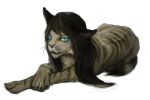  2015 akrolayn ambiguous_gender brown_body brown_fur brown_hair dark_hair digital_media_(artwork) digital_painting_(artwork) domestic_cat felid feline felis feral full-length_portrait fur geodis hair long_hair looking_at_viewer lying mammal pink_nose portrait simple_background solo striped_body striped_fur stripes unavailable_at_source whiskers white_background 