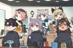  1boy 5girls :d ahoge animal_ear_fluff animal_ears apron beret black_apron black_hair blue_eyes brown_hair cat_ears chair chibi clock commentary_request cone_hair_bun dark_skin dehya_(genshin_impact) diona_(genshin_impact) facial_mark genshin_impact green_eyes grey_hair hair_bun hair_dryer hairdressing hat holding holding_hair_dryer holding_phone indoors keqing_(genshin_impact) kirara_(genshin_impact) long_hair lynette_(genshin_impact) multiple_girls one_eye_closed open_mouth phone pink_hair pointy_hair purple_eyes purple_hair purple_headwear shirt short_hair smile star_(symbol) twintails white_shirt wriothesley_(genshin_impact) xinzoruo 