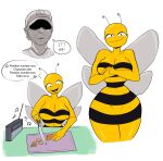  antennae_(anatomy) anthro arthropod beard bee big_breasts black_stripes breasts carrot clothing cooking duo facial_hair female food hat headgear headwear hi_res human hymenopteran insect it&#039;s_hip_to_fuck_bees male mammal plant radio russian_cooking_oil_commercial russian_text smile stripes text thedarkzircon thick_thighs vegetable vinesauce vinny_(vinesauce) wings yellow_body 