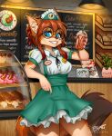  anthro bakery beverage blue_eyes breasts brown_hair canid canine canis clothing coffee container coyote cup cupcake dessert detailed_background display_case doughnut dragonfu dress eyewear female fluffy fluffy_tail food food_fetish glasses hair hat headgear headwear hi_res humor inner_ear_fluff inside looking_at_viewer mammal maple_flake meat menu_board mug name_tag pastry plant pun sausage smile solo suggestive suggestive_food tail teeth tuft uniform visual_pun 