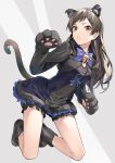  1girl animal_ears animal_hands bell black_bloomers black_dress black_footwear blue_bow blue_bowtie blush boots bow bowtie breasts brown_eyes brown_hair cat_ears cat_paws cat_tail dress fake_animal_ears fake_tail frilled_skirt frills hand_up highres idolmaster idolmaster_million_live! idolmaster_million_live!_theater_days jingle_bell kitazawa_shiho kneeling long_hair long_sleeves looking_at_viewer medium_breasts miz neck_bell open_mouth ribbon-trimmed_clothes ribbon_trim skirt solo tail two-tone_background 