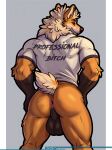  absurd_res anthro anus balls big_balls butt canid canine clothing fur genitals hair hi_res implied_prostitution kovar male mammal muscular muscular_male orange_body orange_fur pantsless rear_view solo tail tight_clothing 