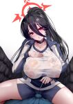  1boy 1girl black_hair black_wings blue_archive blue_jacket blue_shorts blush breasts bulge collarbone erection gym_uniform hair_between_eyes halo hasumi_(blue_archive) hasumi_(track)_(blue_archive) hetero highres huge_breasts jacket koza900 long_hair looking_at_viewer official_alternate_costume ponytail pov red_eyes see-through shirt shorts simple_background solo_focus very_long_hair white_background white_shirt wings 