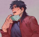 1boy black_eyes black_hair black_shirt brown_jacket commentary_request grey_background highres inudori itou_kaiji jacket kaiji long_hair long_sleeves looking_at_viewer looking_down male_focus mask mask_pull medium_bangs mouth_mask open_clothes open_jacket open_mouth parted_bangs scar scar_on_cheek scar_on_ear scar_on_face shirt simple_background solo teeth tongue upper_body upper_teeth_only 