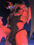  1boy absurdres ass bara bodysuit bulge demon_boy demon_horns demon_tail demon_wings from_below from_side highres horns large_bulge large_pectorals looking_at_viewer male_focus monster muscular muscular_male original pectorals rathalosx4 red_bodysuit solo tail thick_thighs thighs tongue tongue_out wings 