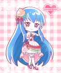  1girl artist_request blue_hair bow chibi closed_mouth commentary cosplay dress english_commentary english_text hair_ornament highres hinanawi_tenshi idolmaster long_hair looking_at_viewer microphone red_eyes smile solo symbol-shaped_pupils touhou very_long_hair 