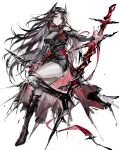  1girl absurdres arknights black_hair black_jacket black_nails colored_skin dagger high_heels highres holding holding_staff horns ines_(arknights) jacket knife long_hair looking_at_viewer nail_polish pencil_skirt remsrar skirt solo staff string thighs weapon white_background white_skin yellow_eyes 