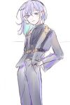  1boy aqua_hair black_shirt grey_pants grey_shirt hand_in_pocket looking_at_viewer male_focus medium_hair miya_(38magical) multicolored_hair pants paradox_live purple_hair shirt sketch solo turtleneck white_background yatonokami_kanata 