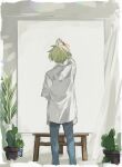  1boy art_brush blue_pants cactus canvas_(object) easel from_behind hanazono_momohito highres idolmaster idolmaster_side-m idolmaster_side-m_growing_stars light_green_hair male_focus paintbrush painting_(action) pants plant potted_plant shirt sleeves_rolled_up solo tarou_(2taro8) white_shirt 