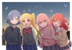  4girls :d ;d ahoge arms_at_sides black_ribbon blonde_hair blue_eyes blue_hair blue_skirt blush bocchi_the_rock! border bow brown_cardigan cardigan closed_mouth collared_shirt commentary_request cube_hair_ornament gotoh_hitori green_eyes grey_skirt grey_sweater hair_between_eyes hair_ornament hand_on_another&#039;s_arm hand_on_own_hip highres ijichi_nijika jacket kita_ikuyo long_hair long_sleeves looking_at_another looking_at_viewer mole mole_under_eye multiple_girls neck_ribbon okayusan_san one_eye_closed one_side_up open_mouth pink_hair pink_jacket pleated_skirt red_bow red_hair ribbon sailor_collar shaded_face shirt short_hair side_ponytail sidelocks skirt smile standing star_(symbol) sweater track_jacket very_long_hair white_border white_sailor_collar white_shirt yamada_ryo yellow_eyes 
