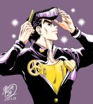  1boy brushing_hair brushing_own_hair comb commentary_request dated diamond_wa_kudakenai earrings gakuran heart higashikata_josuke highres jewelry jojo_no_kimyou_na_bouken male_focus peace_symbol pompadour purple_background purple_eyes purple_hair school_uniform signature smile solo sparkle stud_earrings taki_reki zipper 