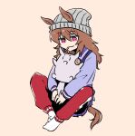  1girl aimai_(luckyfive) animal animal_ears animal_request animalization beanie brown_background brown_hair brown_headwear closed_mouth ear_covers ears_through_headwear full_body gold_ship_(umamusume) grey_headwear hair_between_eyes hat horse_ears horse_girl horse_tail jacket long_hair mini_hat mouth_hold nakayama_festa_(umamusume) pants pink_eyes pleated_skirt purple_shirt purple_skirt red_pants school_uniform shirt simple_background skirt smile tail tracen_school_uniform track_jacket umamusume 