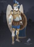 2023 absurd_res anthro armor artist_name avian beak bird breastplate brown_eyes clothed clothing dated feathers front_view full-length_portrait glistening glistening_eyes hi_res holding_object holding_shield looking_at_viewer male outside owl portrait santanahoffman shield solo standing tan_body tan_feathers white_body white_feathers 