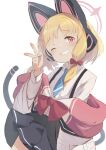  1girl animal_ear_headphones animal_ears blonde_hair blue_archive blue_necktie blush bow cat_ear_headphones clenched_teeth commentary_request fake_animal_ears fake_tail grin hair_bow halo headphones highres jacket looking_at_viewer momoi_(blue_archive) mote_max necktie pink_halo red_bow red_eyes shirt short_hair simple_background smile solo tail teeth v white_background white_jacket white_shirt 