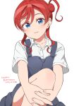  1girl blue_eyes collarbone dated fingernails hair_between_eyes hair_bun hands_on_own_leg happy_birthday highres jenny_(artist) leg_up light_blush light_smile long_hair looking_at_viewer love_live! love_live!_superstar!! own_hands_together parted_lips red_hair school_uniform single_side_bun solo white_background yoneme_mei yuigaoka_school_uniform 