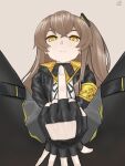  1girl 404_logo_(girls&#039;_frontline) absurdres between_legs black_gloves black_jacket black_pantyhose brown_background brown_hair commentary_request covering covering_crotch fingerless_gloves from_below frown girls&#039;_frontline gloves hand_between_legs highres jacket long_hair looking_at_viewer middle_finger no_scar one_side_up pantyhose simple_background skirt solo ump45_(girls&#039;_frontline) wdb-33f yellow_eyes 