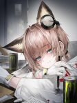  1girl absurdres animal_ears arknights blue_eyes brown_hair extra_ears fox_ears fox_girl gloves headphones headphones_for_animal_ears highres holding holding_pen indoors jacket looking_at_viewer low_ponytail milktea_wegan monster_energy paper pen short_hair short_ponytail solo sussurro_(arknights) tearing_up white_gloves white_jacket 