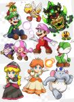  3boys 5boys absurdres black_dress blonde_hair blue_eyes blue_overalls blue_toad_(mario) boots bowser brothers brown_footwear brown_hair bubble bubble_mario castle chibi crown dinosaur dress drill drill_peach earrings elbow_gloves elephant elephant_blue_toad_(mario) facial_hair fire fire_daisy fireball flower_brooch flower_earrings gloves green_shirt grin hat highres horns jewelry koopa_paratroopa long_hair looking_at_viewer luigi mario mario_(series) multiple_boys mustache nabbit open_mouth orange_hair overalls pink_headwear pink_shirt power-up prince_florian princess_daisy princess_peach puffy_short_sleeves puffy_sleeves red_overalls running sasaki_sakiko shell shirt short_hair short_sleeves siblings smile sphere_earrings super_mario_bros._wonder talking_flower_(mario) toad_(mario) toadette white_gloves wings yoshi 