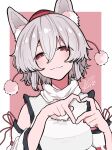  1girl akuta_neko animal_ear_fluff animal_ears bare_shoulders border closed_mouth half-closed_eyes heart heart_hands highres inubashiri_momiji looking_at_viewer pink_background pom_pom_(clothes) red_eyes short_hair signature smile solo touhou upper_body white_border white_hair white_sleeves wolf_ears wolf_girl 