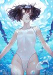  1girl air_bubble black_hair breasts bubble competition_swimsuit cowboy_shot grey_eyes highleg highleg_swimsuit highres kaoming one-piece_swimsuit original see-through short_hair small_breasts solo swimsuit underwater water white_one-piece_swimsuit 