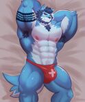  2023 abs anthro arm_tattoo azushibe bantu_(gallantzale) beach beard bed biceps black_hair blue_body blue_fur bulge canid canine canis clothed clothing eyewear facial_hair fur furniture grey_body grey_fur hair hi_res lifeguard lifeguard_swimsuit looking_at_viewer lying lying_on_bed male mammal muscular muscular_anthro muscular_male nipples on_back on_bed orange_eyes pecs quads reclining seaside skimpy solo speedo sunglasses swimwear tattoo triceps wolf 