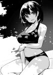  1girl bare_shoulders breasts cleavage collarbone greyscale highres kekemotsu large_breasts looking_at_viewer monochrome navel open_mouth original short_hair smile solo thighs 