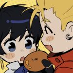  1boy 1girl black_hair blonde_hair blue_ribbon blush_stickers chibi coat couple doughnut earrings food jewelry lemoneto meryl_stryfe mole mole_under_mouth open_mouth red_coat ribbon ring short_hair simple_background trigun vash_the_stampede yellow_background 