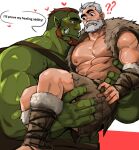  &lt;3 2022 2023 abs arm_guards barbarian beard biceps blush bottomwear clothing comic comic_panel dialogue dopq duo english_text facial_hair fangs fur_pelt fur_trim_(clothing) green_body green_skin hair hi_res human humanoid larger_male lifting_partner male male/male mammal muscular muscular_humanoid muscular_male nervous nipples nose_scar orc pecs question_mark red_hair shaved_sides shin_guards size_difference smaller_male speech_bubble teeth text vein veiny_muscles white_hair 